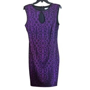 CACHE Bodycon Cocktail Dress 10 Purple Black Paisley Print Lined Sleeveless